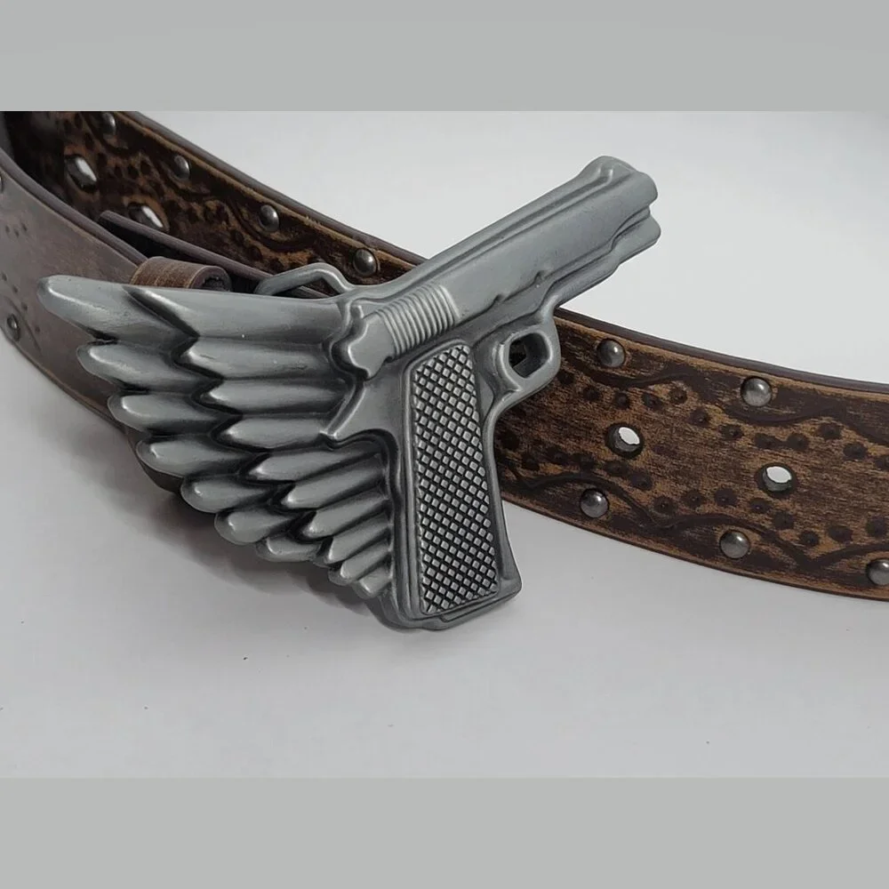 Leather Belt Sz Small 32 Gun Pistol Wings Buckle Brown Embossed‎ Studded Western